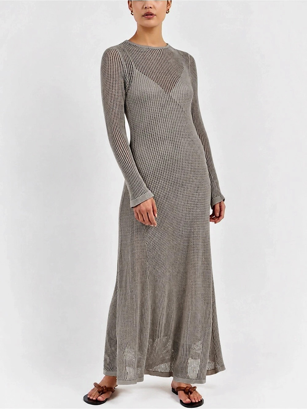 DISSH Taupe Open Knit Long Sleeve Maxi Dress XL Tie Back